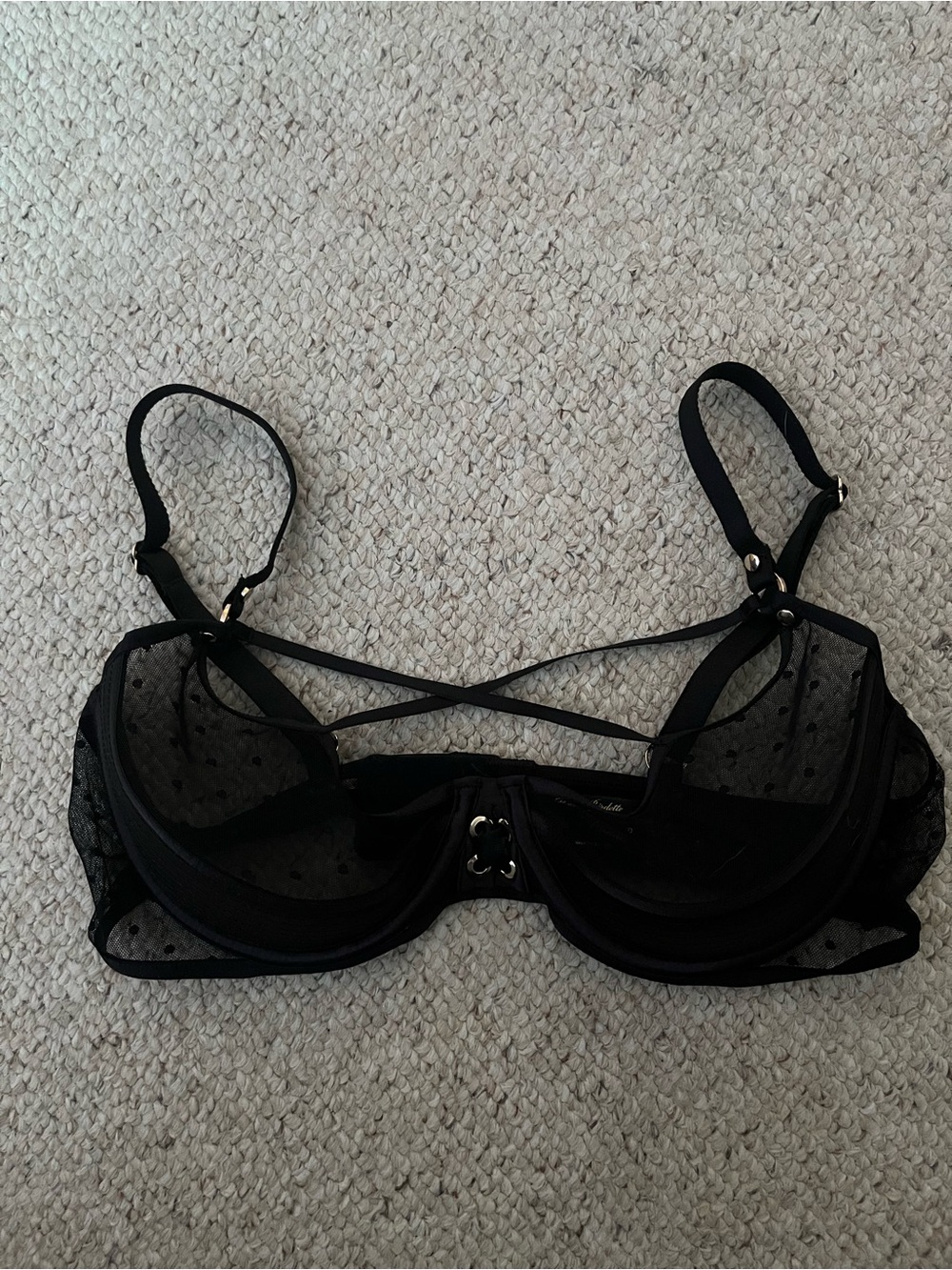 Honey Birdette Black Sheer Polka Mesh Strappy Bra with Gold Hardware